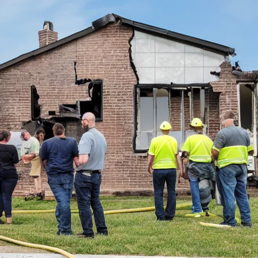 Prompt: prospective buyers attend an open house for a burned down house fire, real estate photography