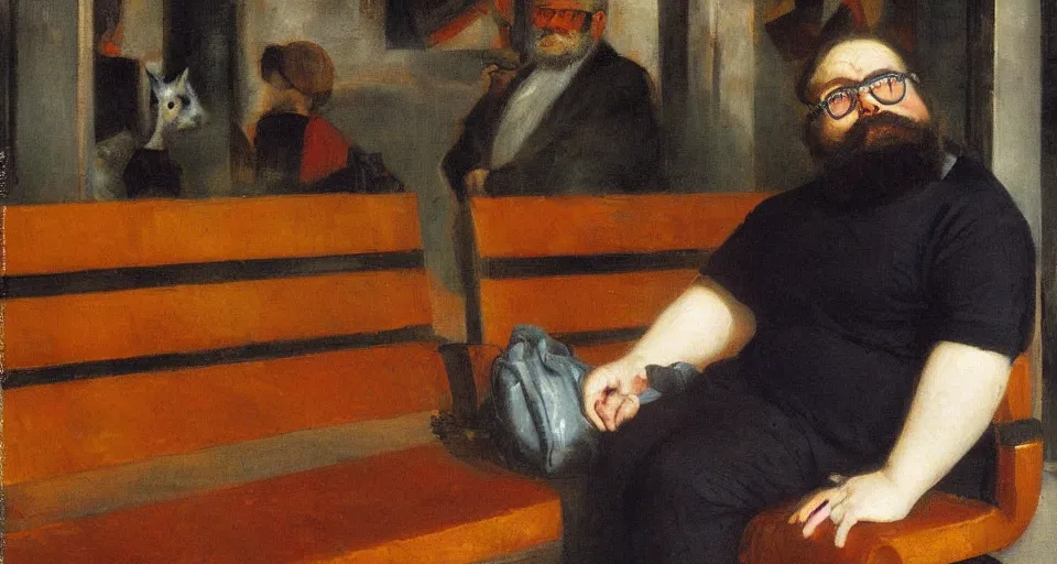 Prompt: portrait of a chubby bearded young man with glasses sitting alone on a bench in a subway station, glowing with silver light, color by Franz Marc, highly detailed architecture by Jean-Léon Gérôme 16K