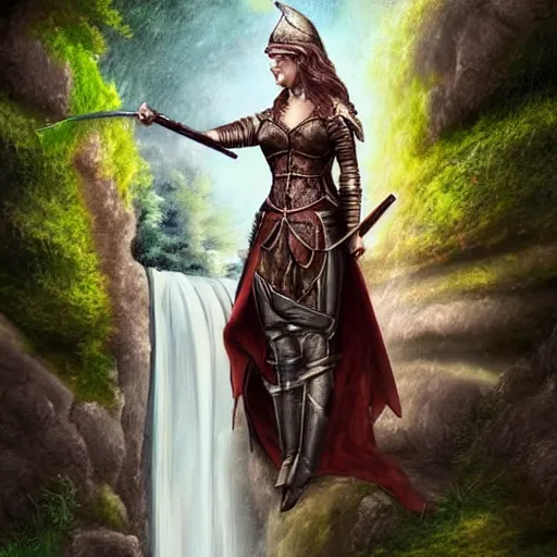 Image similar to A woman with a sword stands under a waterfall, the middle ages, knight\'s armor, digital art, beautiful