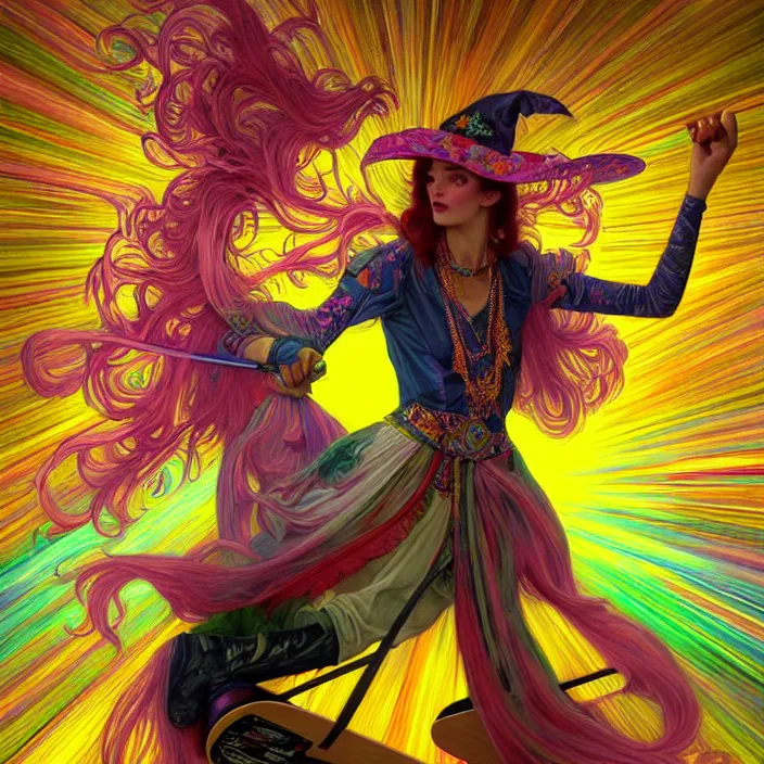 Image similar to bright psychedelic photo of a witch riding a skateboard in a supermarket, diffuse lighting, fantasy, intricate, elegant, highly detailed, lifelike, photorealistic, digital painting, artstation, illustration, concept art, smooth, sharp focus, art by John Collier and Albert Aublet and Krenz Cushart and Artem Demura and Alphonse Mucha