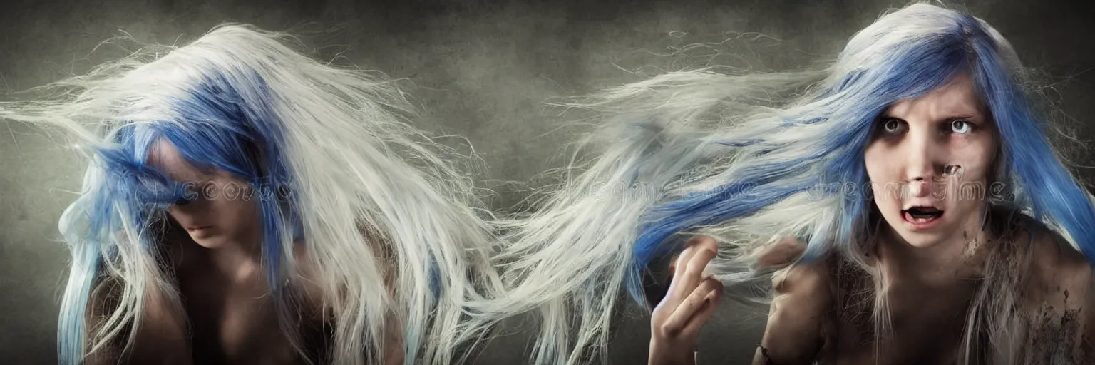 Image similar to a young woman with a long blue hair looking in panic at the result of a roll in dungeon and dragons, stock photo, ultra high resolution 4 k,