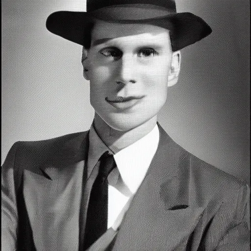 Image similar to A photograph portrait of Jerma985 wearing a suit with and fedora in the 1940s, taken in the early 1940s, grainy, taken on a 940s Kodak Camera, realistic, hyperrealistic, very realistic, highly detailed, very detailed, extremely detailed, detailed, digital art, trending on artstation