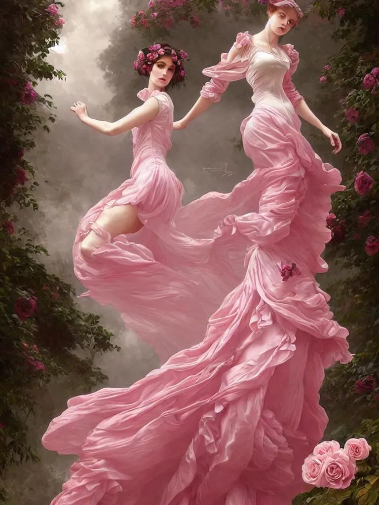 Image similar to !!beautiful!! woman dressed in a vaporous wrapped large victorian pink roses silk semi-transparent dress fashion is running, fantasy, intricate, elegant, highly detailed, digital painting, trending on artstation, concept art, matte, sharp focus, illustration, art by Artgerm and Greg Rutkowski and Alphonse Mucha