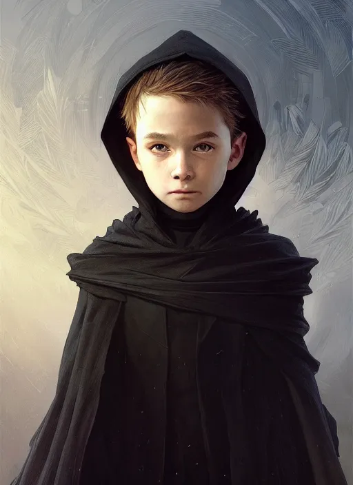 Image similar to perfectly - centered - portrait of a kid wearing black cloak holding stick, intricate, highly detailed, digital painting, artstation, concept art, smooth, sharp focus, illustration, unreal engine 5, 8 k, art by artgerm and greg rutkowski and alphonse mucha and sam spratt