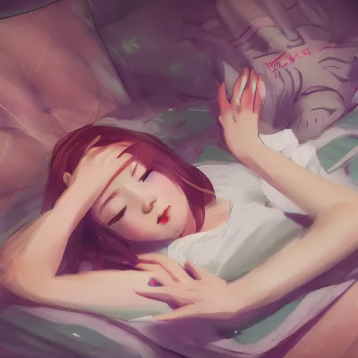 Image similar to lofi hiphop girl lying in bed listening to music by Wenqing Yan, WLOP, Zumidraws, OlchaS Logan cure liang Xing