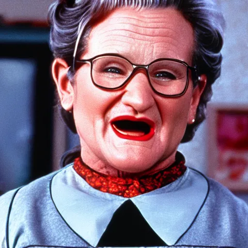 Image similar to robin williams dressed as mrs doubtfire in the movie mrs doubtfire ( 1 9 9 3 ), movie still, realistic, 4 k,