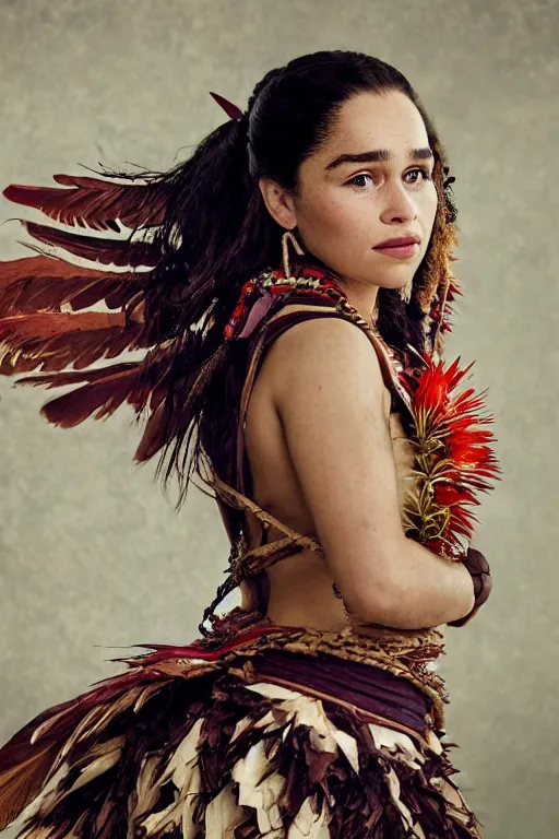 Prompt: Photo of Native Hawaii woman Emilia Clarke, portrait, skilled dancer in Hawaiian national costume, ancient, realistic, detailed, Emilia Clarke