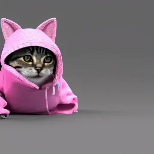 Prompt: a Little cat wearing a pink hoodie sitting on a couch, photo realistic, trending on artstation, HDR, nicely detailed, 8k