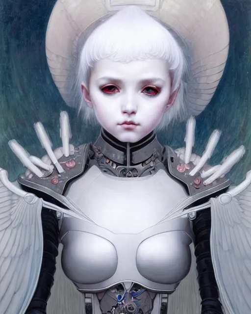 Prompt: portrait of beautiful cute young goth maiden cyborg girl with white hair in warhammer armor, art by ( ( ( kuvshinov ilya ) ) ) and wayne barlowe and gustav klimt and artgerm and wlop and william - adolphe bouguereau and zdislav beksinski