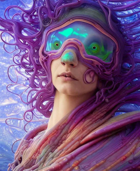 Image similar to colorful transparent portrait of a terrifying beautiful alien sea slug creature, mottled coloring, adorable, childlike, biopunk environment, ultra realistic, concept art, art nouveau, photorealistic, octane render, 8 k, unreal engine. art by christopher marley and artgerm and greg rutkowski and alphonse mucha