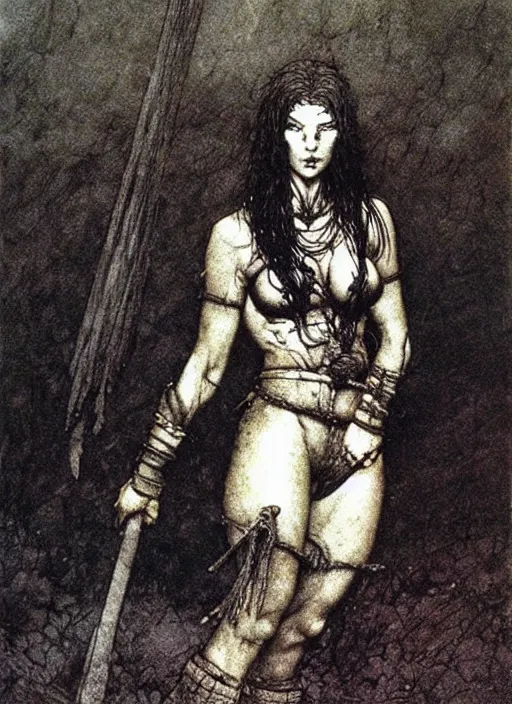 Prompt: short haired barbarian girl by Beksinski and Arthur Rackham