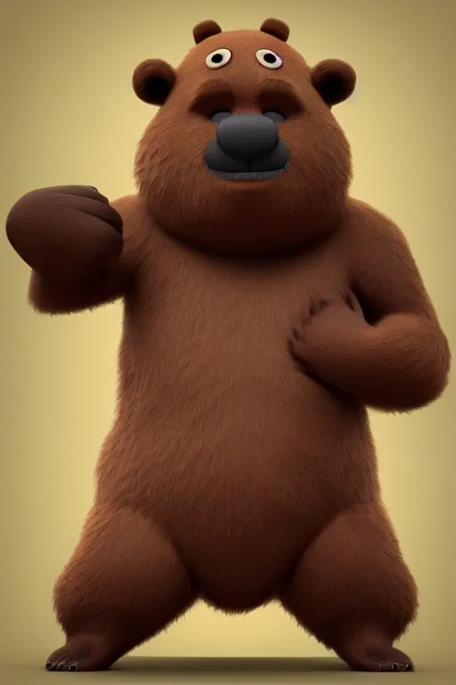 Image similar to a cute character design cgi 3 d anthropomorphic bear with soft fur and a face like yogi bear in the style of pixar, blender, cinema 4 d