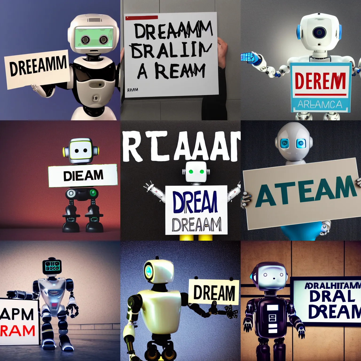 Image similar to realistic high quality photo of artificial intelligence robot holding a sign with text that reads : dream