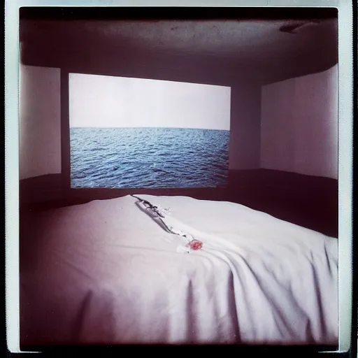 Image similar to grainy Polaroid film photograph of an empty bed with silk sheets floating in the middle of the ocean. super resolution. surreal. Extremely detailed. Polaroid 600 film. by Annie Leibovitz and Richard Avedon