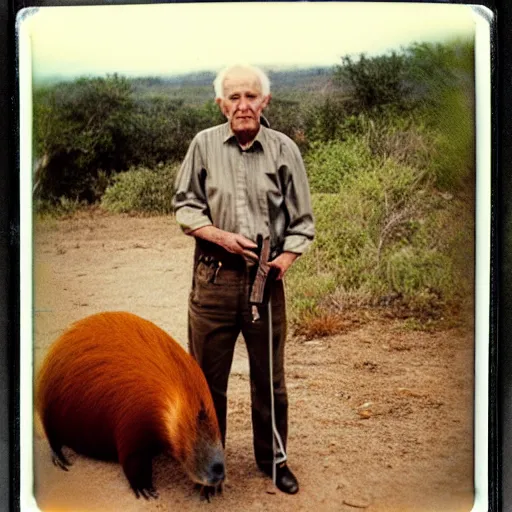 Image similar to old! polaroid photo of an old man! holding a rifle and standing on top of a giant capybara! sleeping