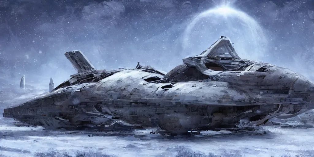 Prompt: remnants of an old spaceship in snow, artstation