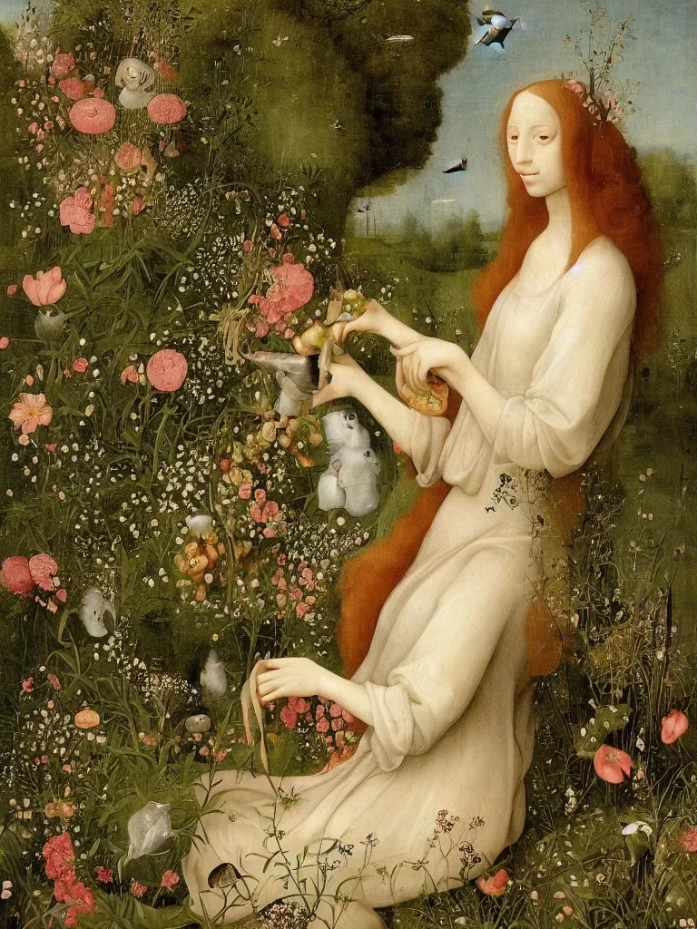 Image similar to beautiful woman with long golden hair, wearing chiffon dress, sitting among large flowers in her beautiful, lush garden, in the style of hieronymus bosch,
