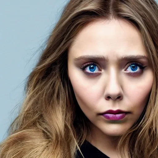 Prompt: Elizabeth Olsen, frowning eyebrows, saying 'No', photorealistic, 4k, 8k