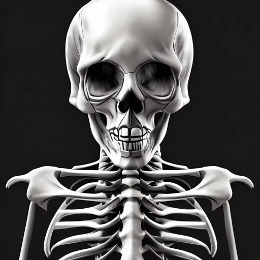 Prompt: a detailed caricature of a skeleton in the style of Artgerm, realistic simulation, encodings, black light, blurry, symmetrical, bokeh, protozoa, silver detailed