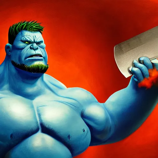 Image similar to a blue hulk holding a giant meat cleaver, blue skin, muskular, artwork, cinematic, mystic, highly detailed