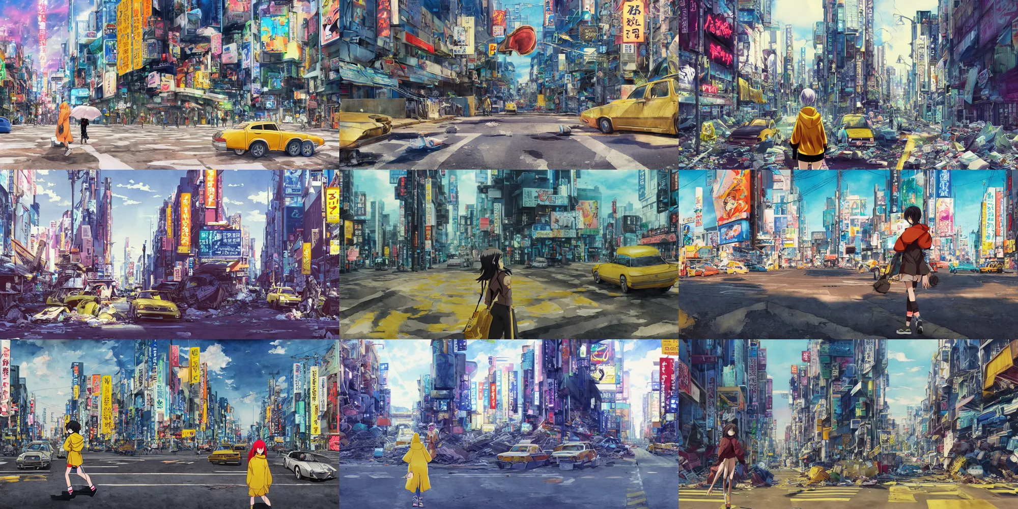Prompt: incredible anime movie scene, ultra wide, vanishing point, hoody woman explorer, watercolor, giant masks, empty crosswalk, trash, coral reef, billboards, harsh bloom lighting, rim light, abandoned city, paper texture, caustic shadows, deserted shinjuku junk town, bright sun ground, wires, telephone pole, pipes, yellow, red