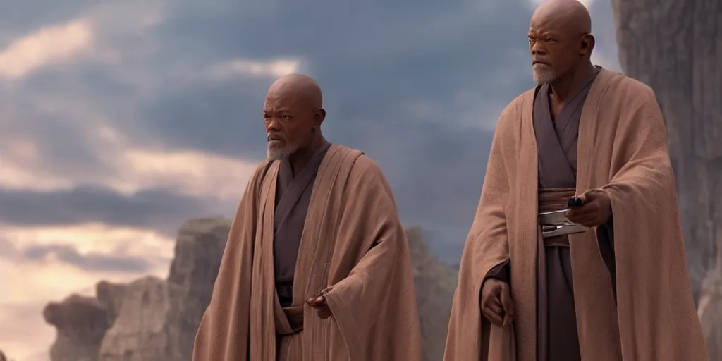 Image similar to obi - wan kenobi disney plus show, old mace windu played by samuel l jackson, standing alone, accurate ultra realistic faces, 4 k, movie still, uhd, sharp, detailed, cinematic, render, modern