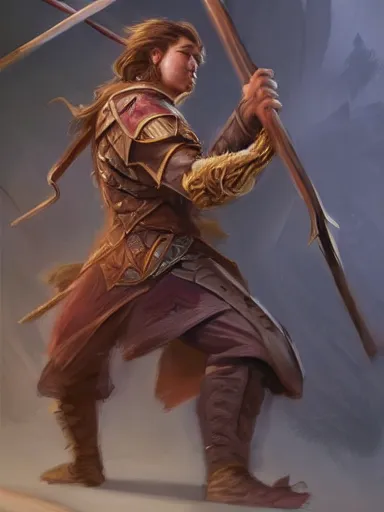 Prompt: a young man, wielding a thick wooden quarterstaff in a defensive fight instance. cornered by enemies. intricate, elegant, highly detailed, digital painting, artstation, concept art, sharp focus, illustration, by justin gerard and artgerm, 8 k