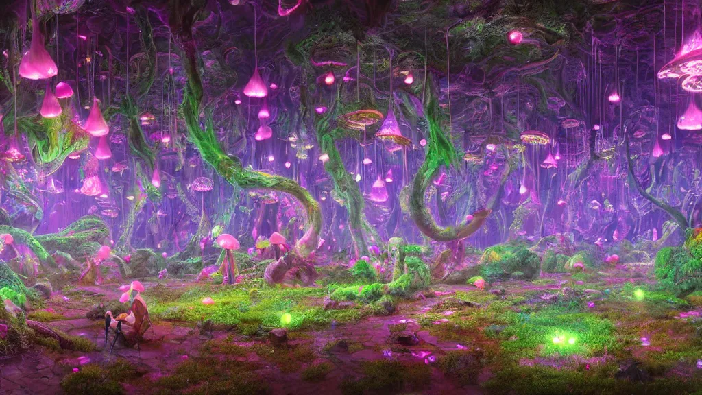 Image similar to 8k, acid trip, hall of mirrors, ultra detailed, a hyperrealistic image of a mycelium forest with neon glowing mushrooms, with magical creatures, by makoto shinkai, trending on patreon, artstation, deviantart. Unreal engine