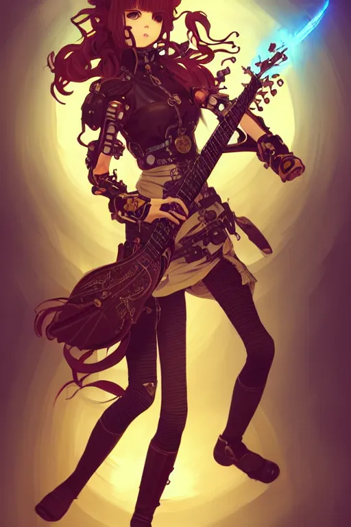 Image similar to full body beautiful young steampunk anime warrior girl playing a strange guitar , wearing detailed armour, intrica details, pretty face, realistic shaded Perfect face, insane action pose, steampunk, cyberpunk, highly detailed, artstation, illustration by Ilya Kuvshinov and alphonse mucha Greg Rutkowski, dynamic light, morning