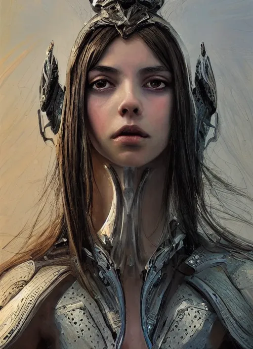 Image similar to a professional painting of a beautiful young female alien, clothed in ethereal armor, olive skin, long dark hair, beautiful bone structure, symmetrical facial features, intricate, elegant, digital painting, concept art, smooth, sharp focus, illustration, from Valerian and the City of a Thousand Planets, by Ruan Jia and Mandy Jurgens and Artgerm and William-Adolphe Bouguerea