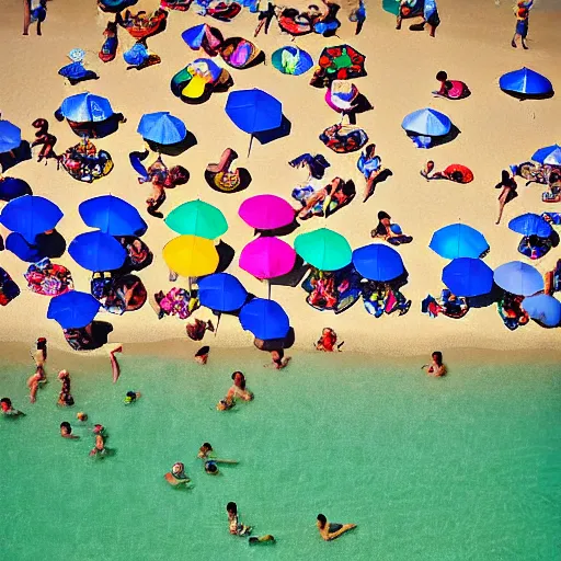 Image similar to photograph beachscapes from an almost perpendicular angle, Aerial view of sandy beach with umbrellas and sea, Aerial of a crowded sandy beach with colourful umbrellas, sun bathers and swimmers during summer, by Tommy Clarke