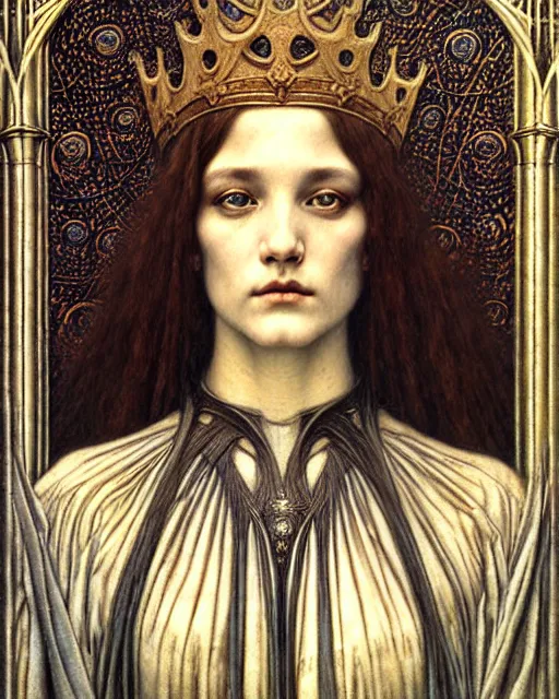 Image similar to detailed realistic beautiful young medieval queen face portrait by jean delville, gustave dore and marco mazzoni, art nouveau, symbolist, visionary, gothic, pre - raphaelite. horizontal symmetry