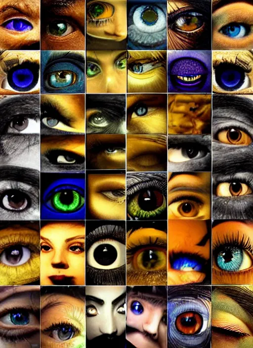 Image similar to grid montage of cube shaped eyes, square shaped black dilated pupils, cube shaped irises, detailed colored textures, eyelashes, advanced art, art styles mix, from wikipedia, wet reflections in square eyes, sunshine light, hd macro photograph, from side, various eyelid positions, square black pupil centered