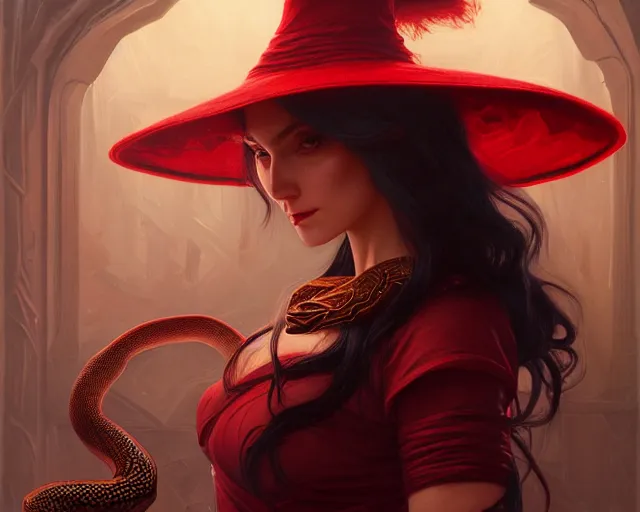 Prompt: red hat wizard woman with snakes in her dark hair, hydra, deep focus, d & d, fantasy, intricate, elegant, highly detailed, digital painting, artstation, concept art, matte, sharp focus, illustration, hearthstone, art by artgerm and greg rutkowski and alphonse mucha