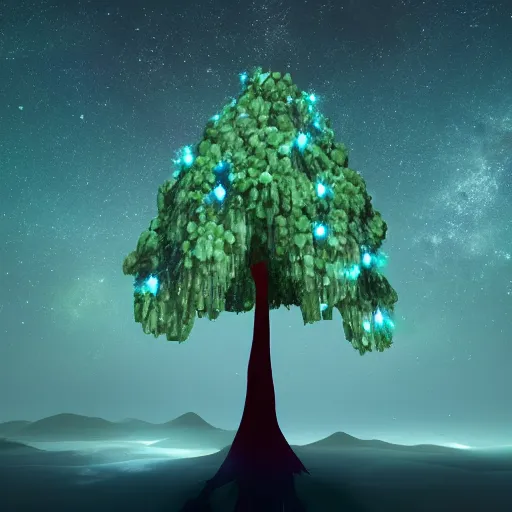 Image similar to dioptase crystal tree with a starry sky, 4 k, trending on artstation