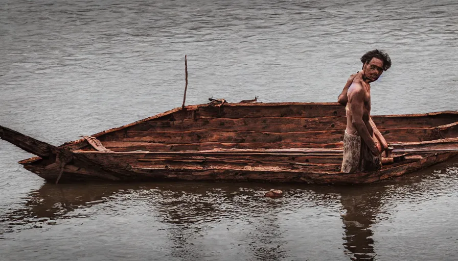 Image similar to a man in a barque made of flesh on a blood river, leica sl 2, heavy grain, high quality, high detail, color