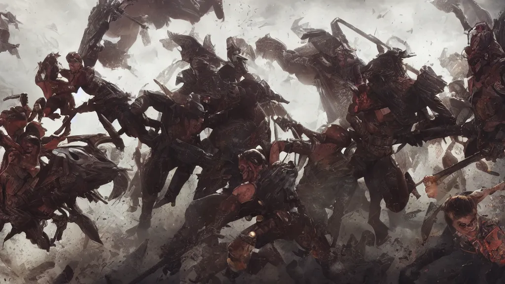 Image similar to patrick j. jones. rutkowski. from high above i see the last of my warriors surrounded by giant demons. this is my last chance. 3 8 4 0 x 2 1 6 0