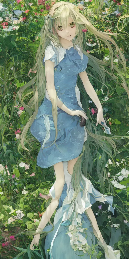 Prompt: a digital art of a loli with long hair in a dress in the privet garden at after noon, green and warm theme, blue accents, by krenz cushart and mucha and akihito yoshida and greg rutkowski and makoto shinkai, low angle, back lighting, detailed eyes, 4 k resolution, trending on art station