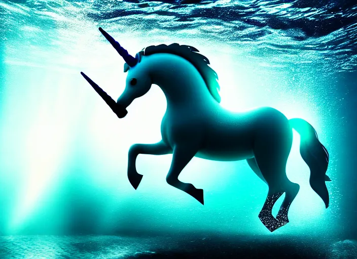 Image similar to under water unicorn, water light scattering, underwater photography, high details, 8 k, realistic shot, cinematic lighting