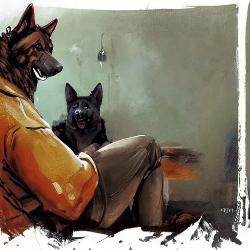 Image similar to a humanoid german shepherd beast - man, sitting and watching a soccer match in his house on television, he has hurt his knee and is a dad, by erin hanson, alexi zaitsev, karl spitzweg, award winning, tv set