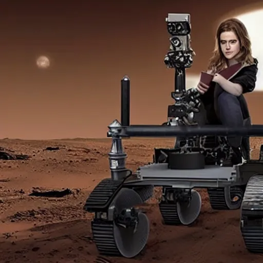 Prompt: photo of Emma Watson as Hermione Granger drving a roving vehicle for mars exploration, industrial design.