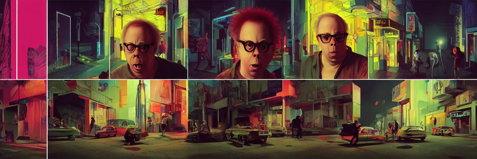 Image similar to weird and disturbing portrait of todd solondz running scared in the streets of tel aviv, vivid colors, neon, art by gregory crewdson and artgerm and wlop and william - adolphe bouguereau