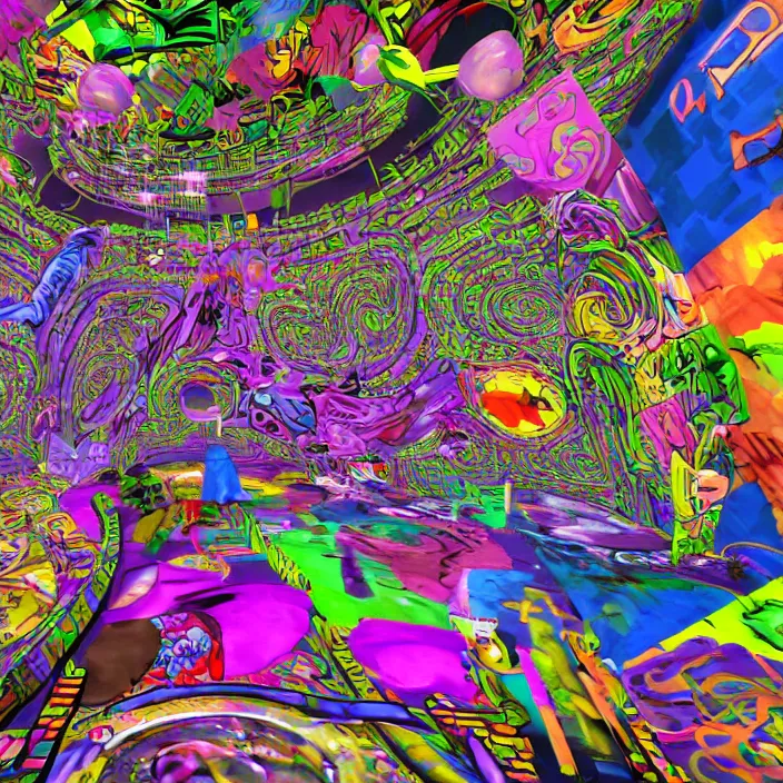 Image similar to graffiti twisted forms, inside the weird multicolored 3 d graffiti realm, high definition image, ps 2 graphics, ps 2 screenshot, computer render, extremely detailed and intricate