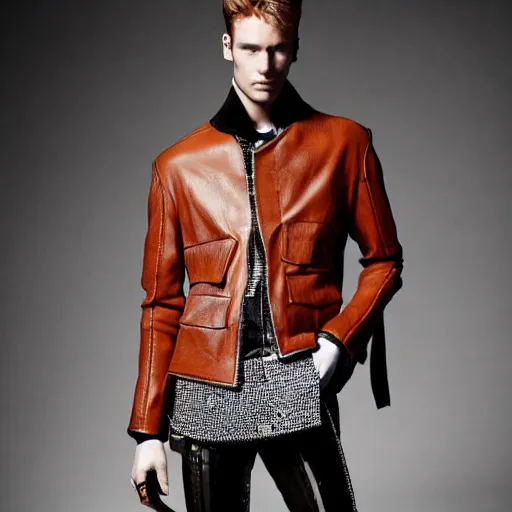 Prompt: a editorial photo of a male model wearing a alexander mcqueen medieval short leather menswear jacket