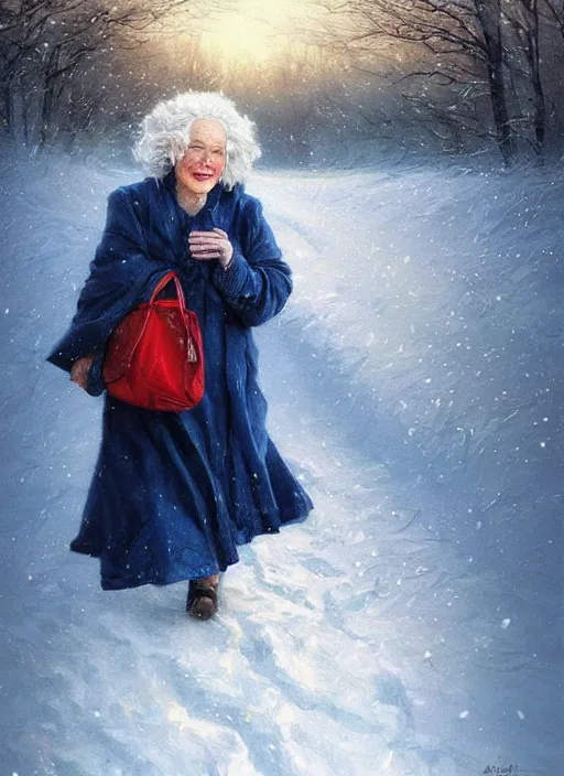 Prompt: an old woman with short wavy curly white hair and blue eyes wearing colorful winter clothes is running in a snowy field. beautiful painting by artgerm and greg rutkowski