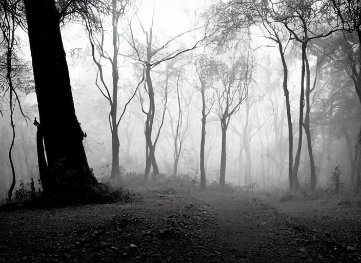 Image similar to forest path, ancient trees, shrew - silhouettes, shadowed, overgrown, hiding - treasure - hiding, serene evening atmosphere, color noir