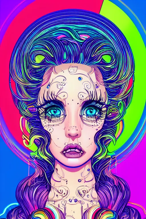 Image similar to a award winning portrait of a beautiful woman with stunning eyes in a one off shoulder croptop and cargo pants with rainbow colored hair, outlined by whirling illuminated neon lines and fine lines swirling in circles by joe fenton, digital art, trending on artstation