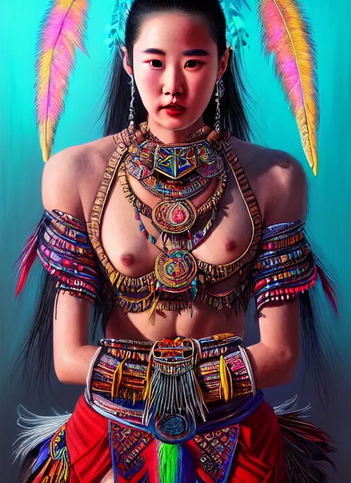 Image similar to portrait of liu yifei, hyper detailed ultra sharp aztec shaman warrior. trending on artstation, warpaint aesthetic, bloodwave, colorful, psychedelic, ornate, intricate, digital painting, concept art, smooth, sharp focus, illustration, art by artgerm and greg rutkowski and h. r. giger, 8 k