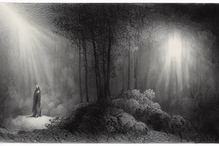 Image similar to black and white, young french woman illuminated by a beam of light through detailed clouds, forest in background, Gustave Dore lithography