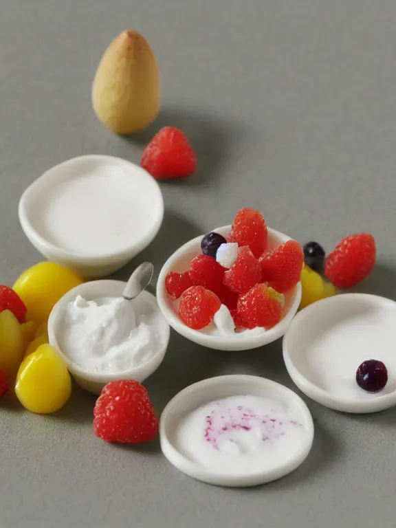 Prompt: miniature diorama of yogurt with fruits